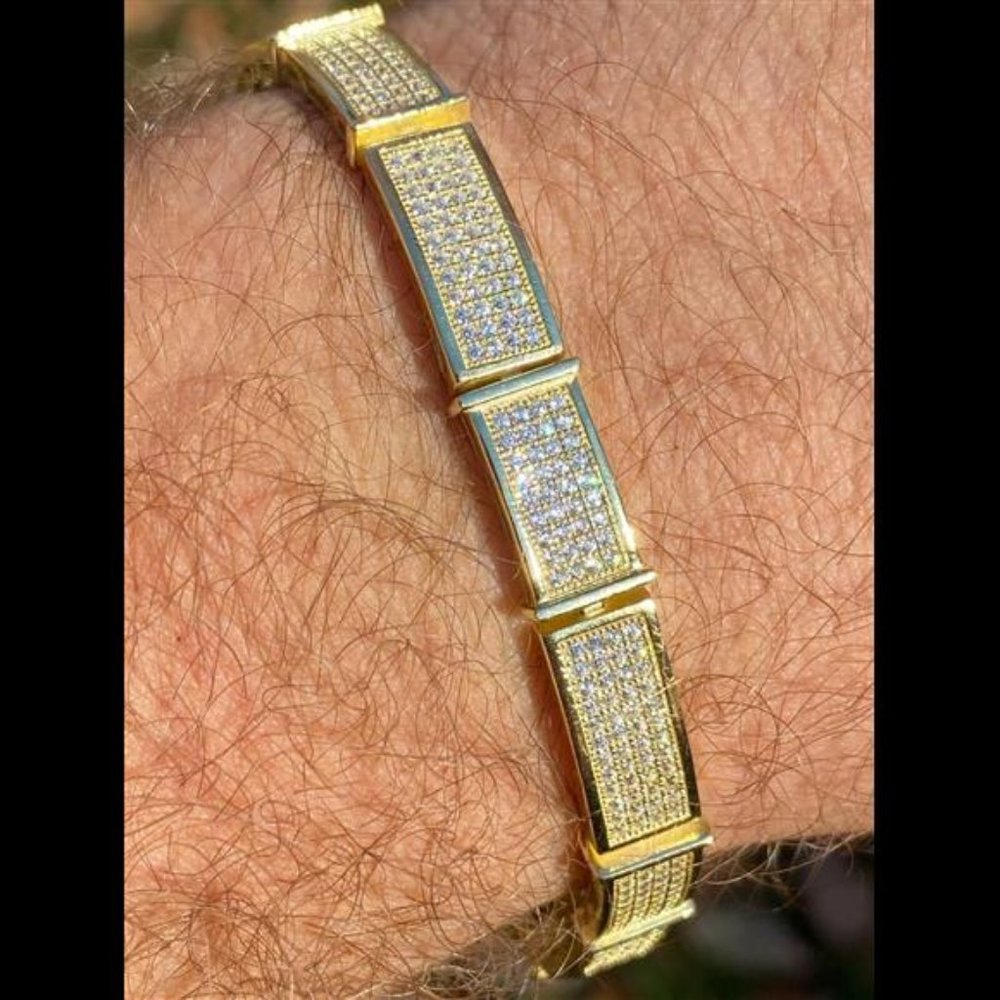 COPY - 14k Gold Over Solid 925 Sterling Silver Mens Iced Flooded Out Bracelet D… - Picture 3 of 10